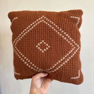 VTG Crochet Handmade Pillow Rust Brown Diamond Pattern Satin Back 11x11 70s Boho